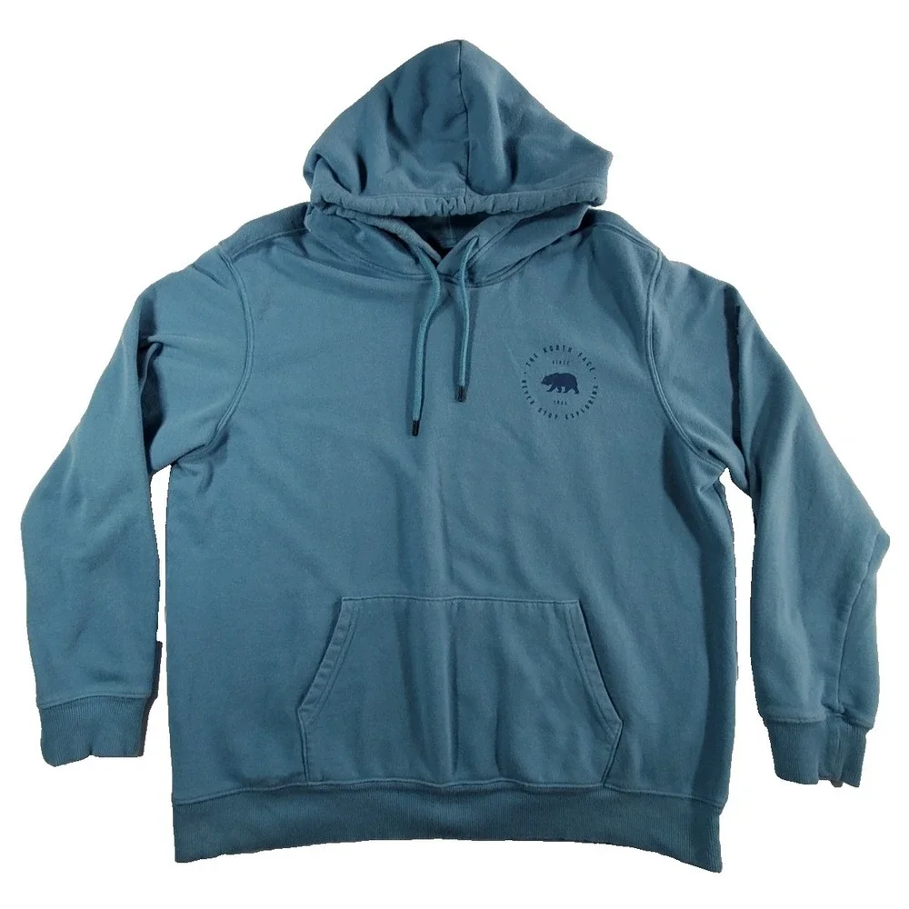 The‎ North Face Mens Large Blue Pullover Hoodie Logo Sleeve Never Stop Exploring